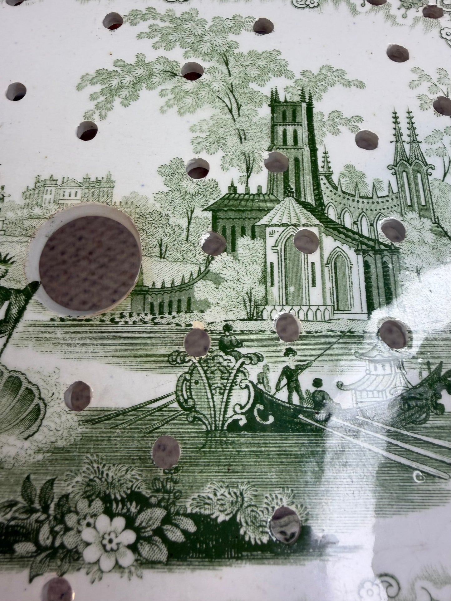 Stunning antique William Adams & Sons "Fountain Scenery" green and white transferware platter with strainer!