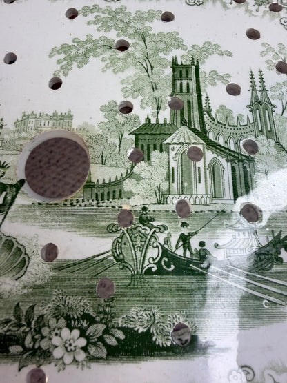 Stunning antique William Adams & Sons "Fountain Scenery" green and white transferware platter with strainer!