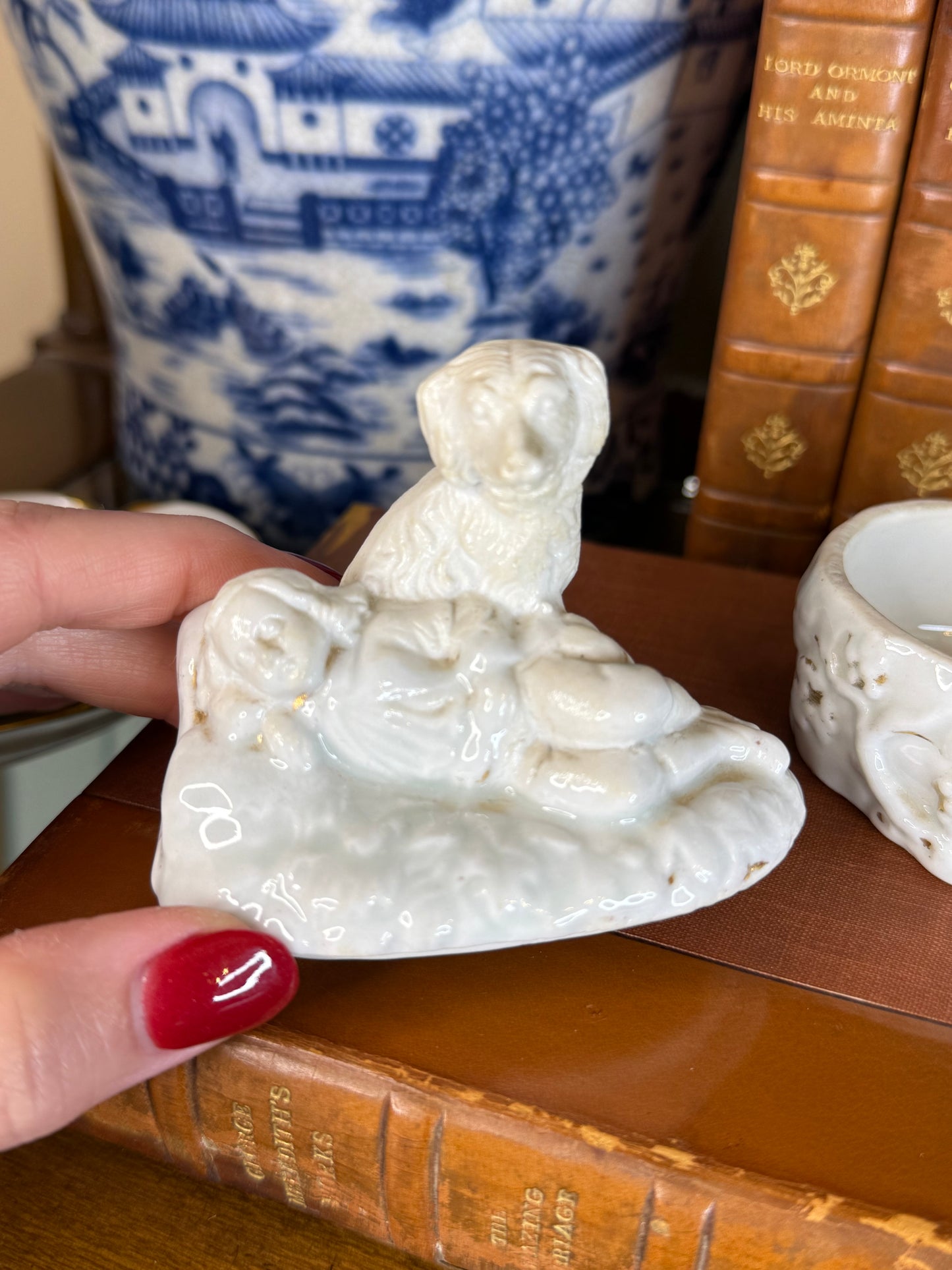 Antique Staffordshire-Style Spaniel & Child Box | c. 1850–1870