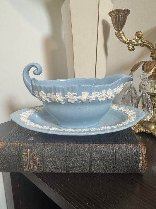 Wedgwood white and blue lavender Queensware gravy boat