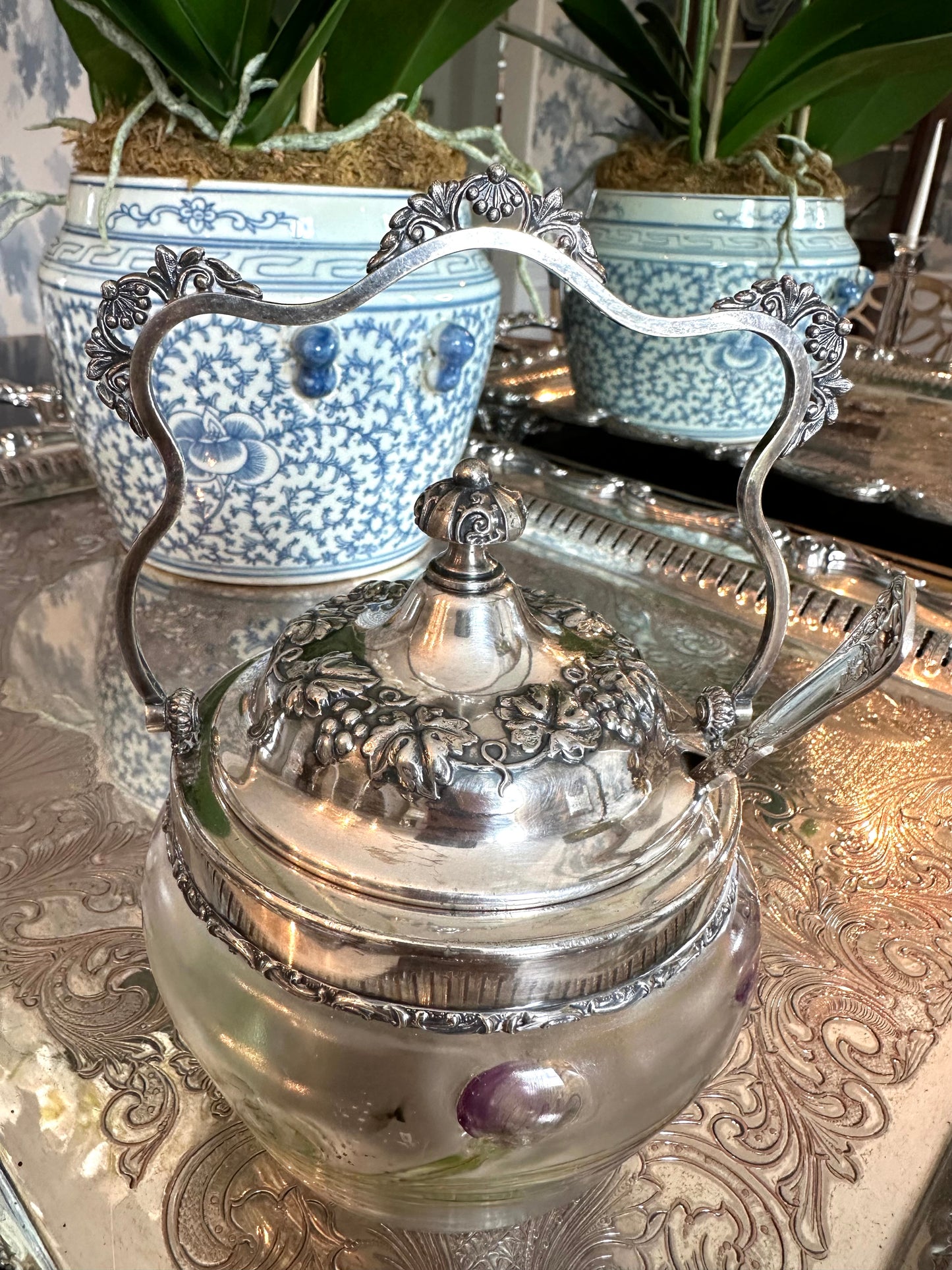 Victorian Silverplate Sugar Bowl w Blown Glass Ornate Design
