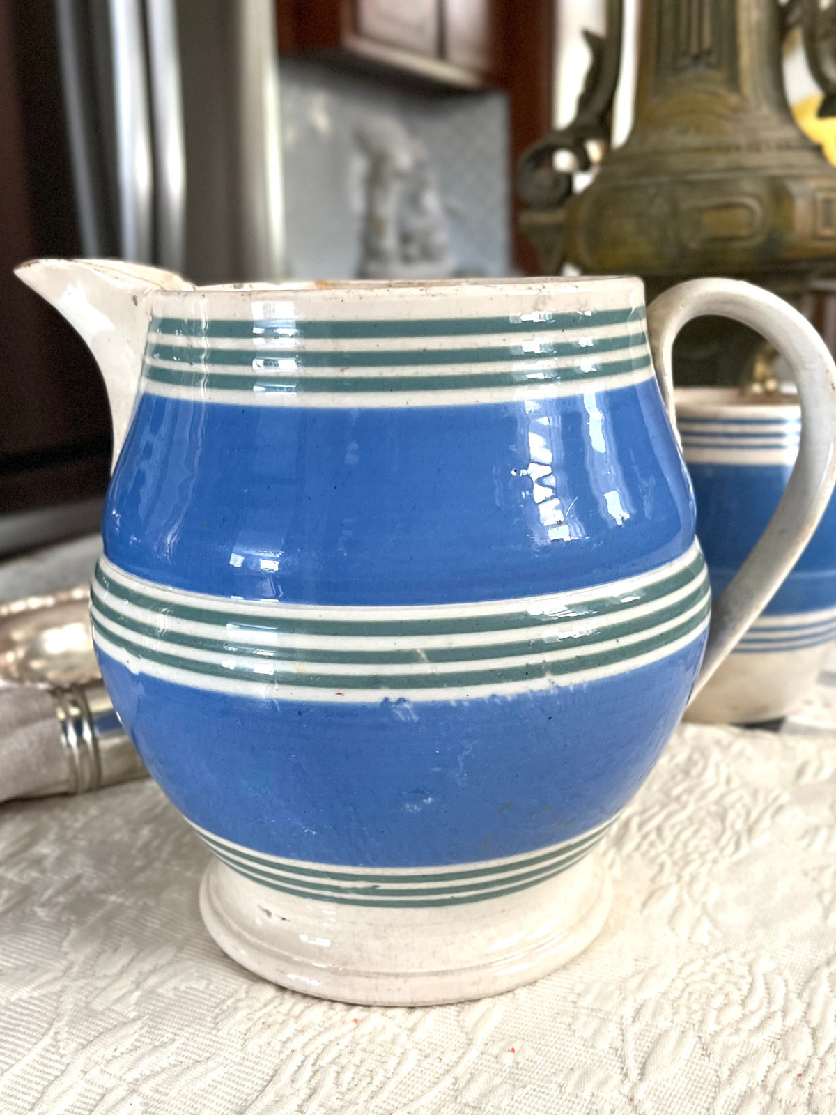 Live 09/15 Antique Tricolor Banded Mochaware Pitcher| 19th c. Blue, Green & Cream Striped Jug