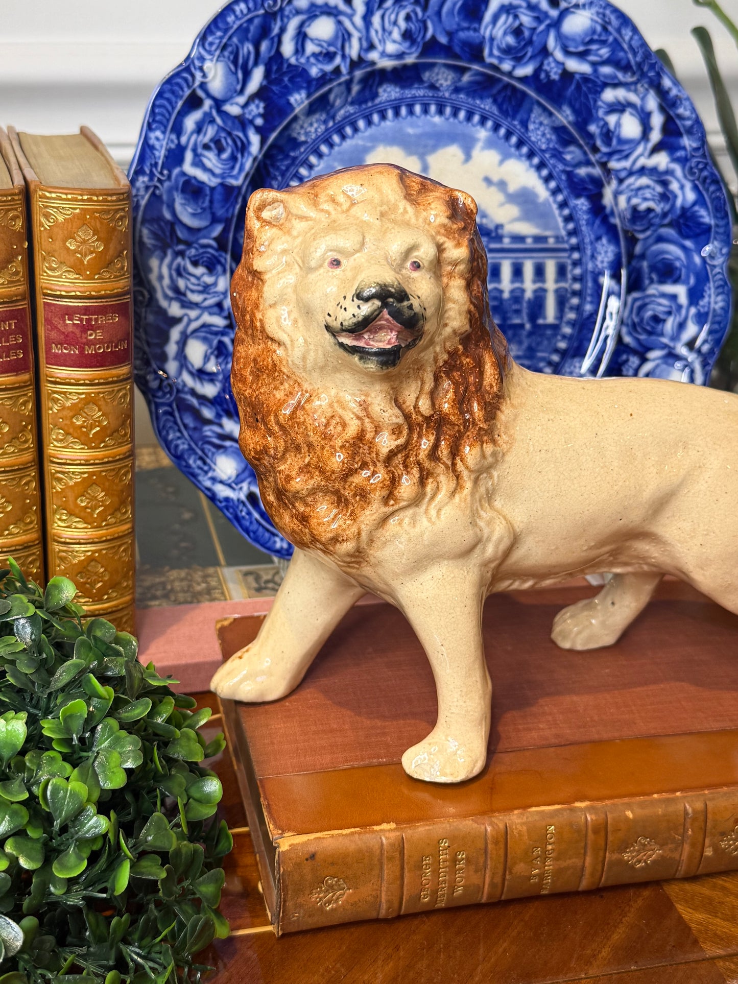 RESERVED - LION - Antique Staffordshire Lion Figure | English Pottery Mantel Ornament | 9” Wide