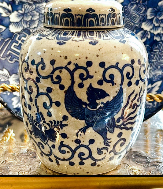Blue & White Phoenix ginger jar 5 in