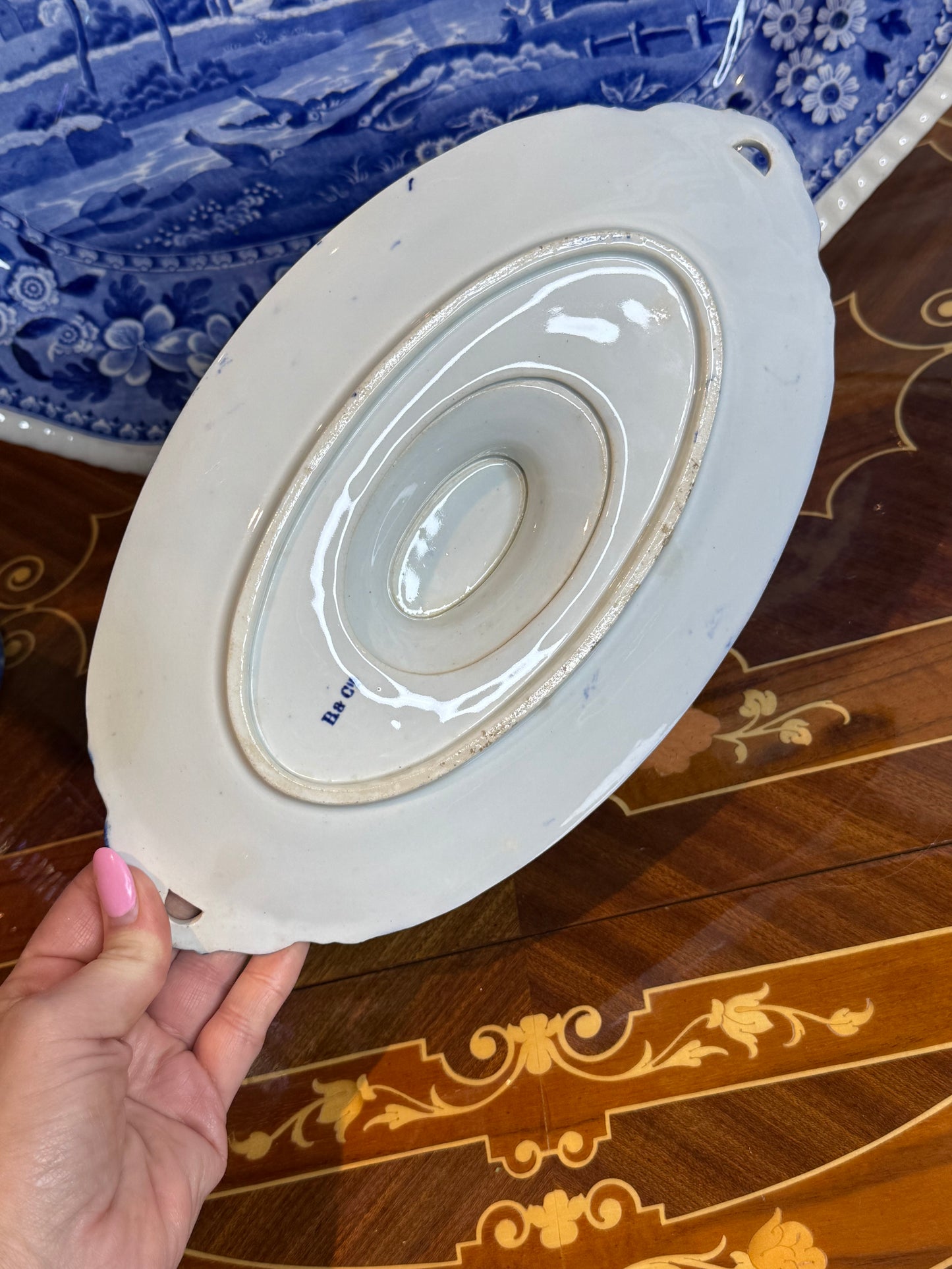 Antique B & Cie Double-Ended Flow Blue Sauce Boat with Integral Stand, c.1900, 11.5” Long x 6.5” Wide #DA4533