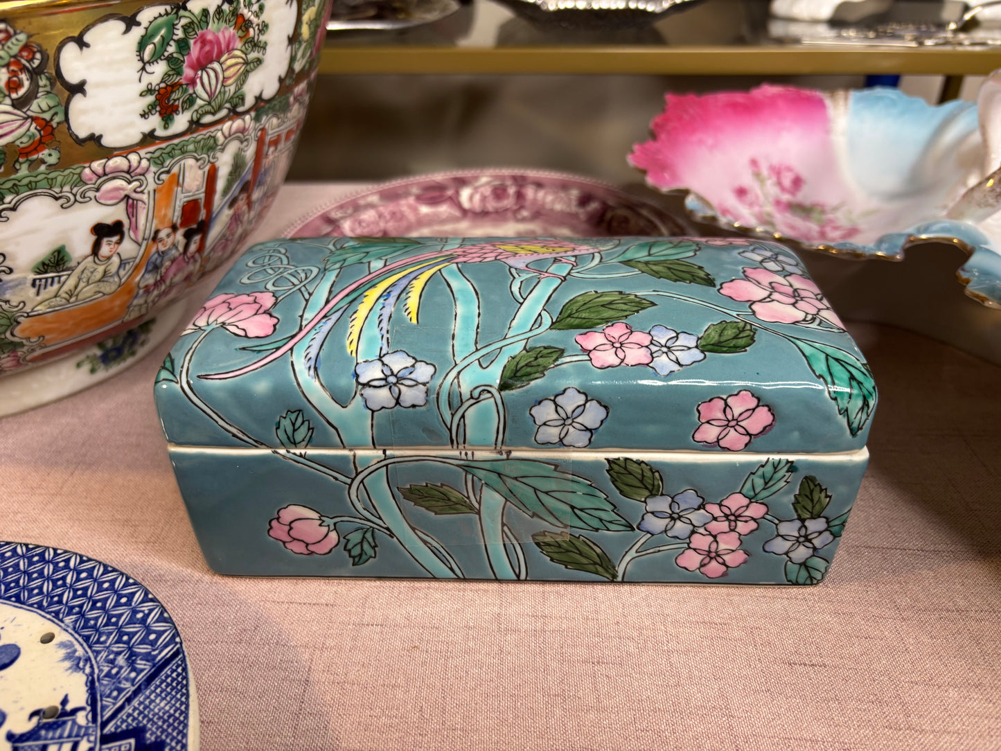 Gorgeous bird and floral porcelain rectangular box!