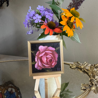 Mini art dark pink rose original oil paintings on stretched canvas 3x3”