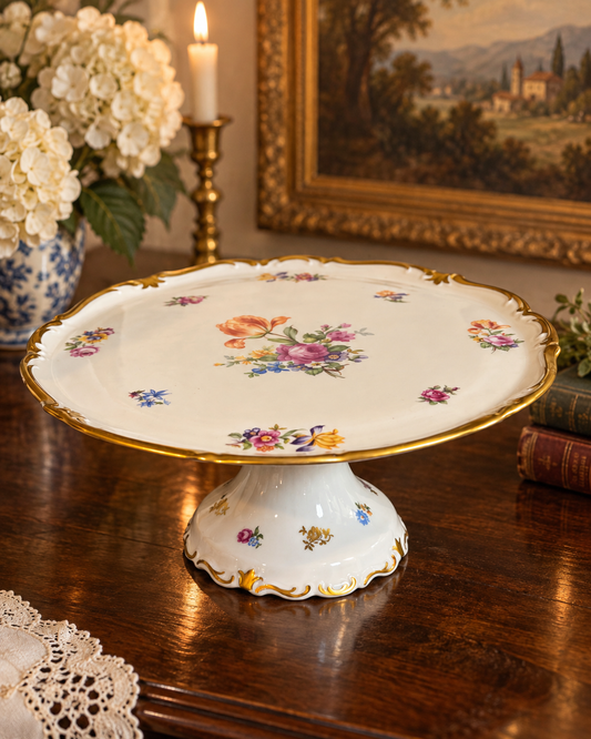 Vintage East German Floral Porcelain Pedestal Cake Stand 12 Inch Gold Trim