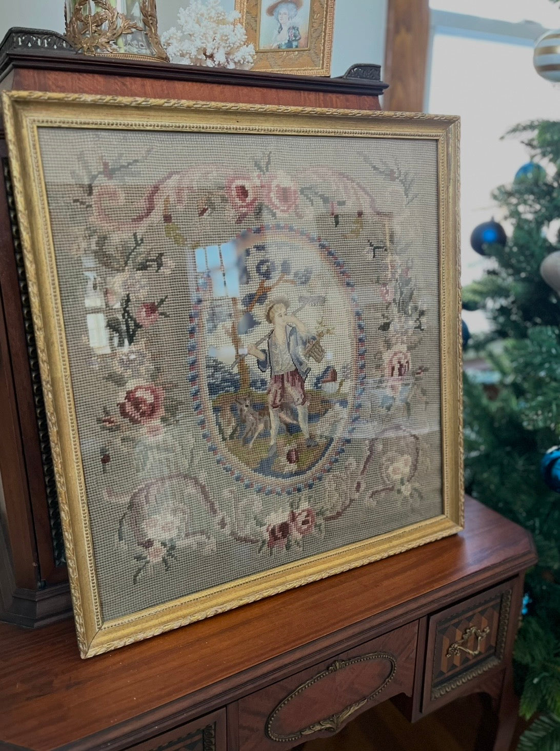Antique Berlin Wool Needlepoint with Romantic Figure & Floral Garland — Gilt Framed