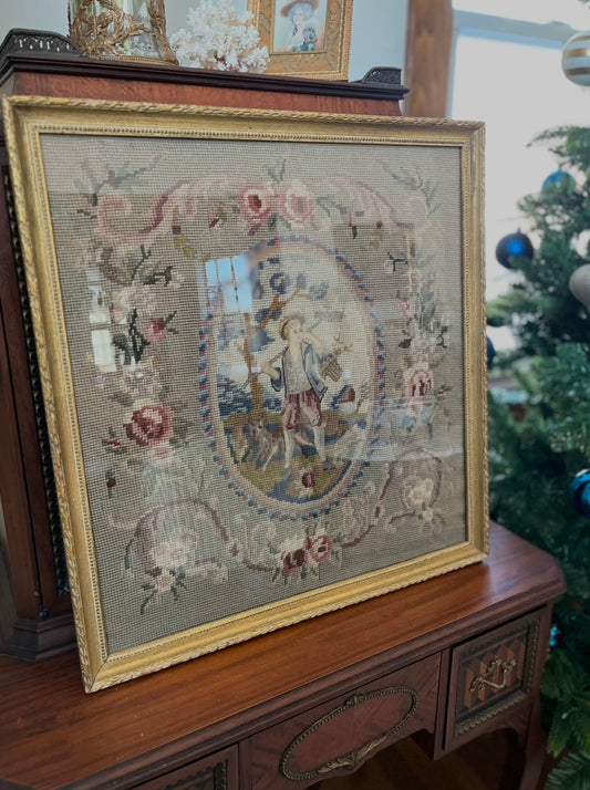 Antique Berlin Wool Needlepoint with Romantic Figure & Floral Garland — Gilt Framed