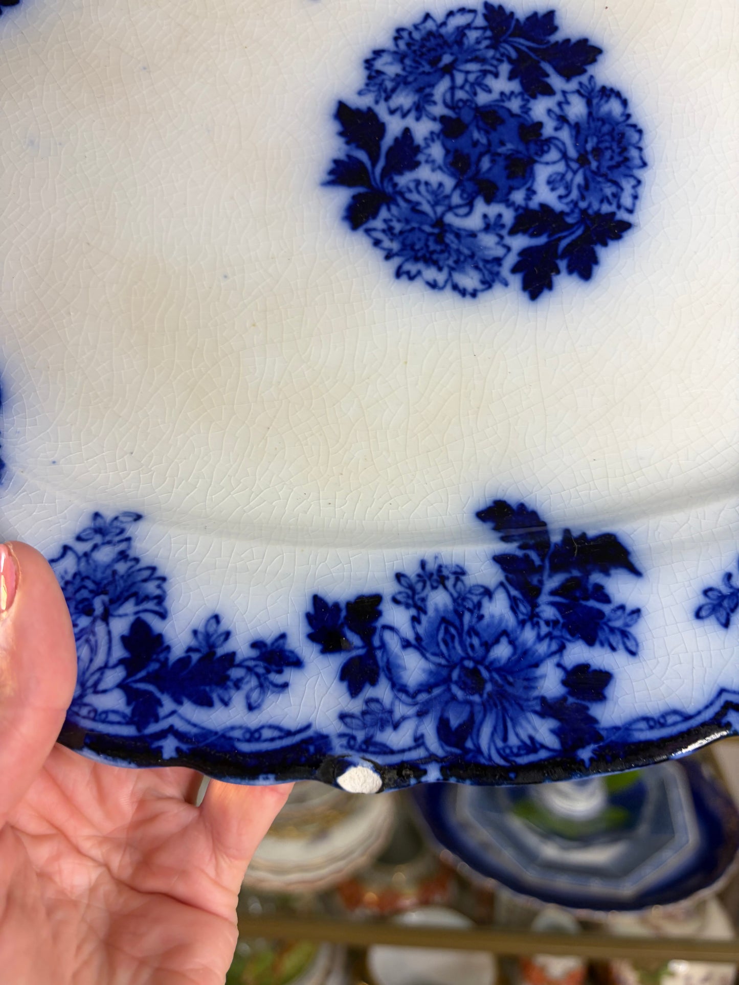 Beautiful antique Mercer Pottery Co. semi-vitreous Flow Blue Platter - As is!