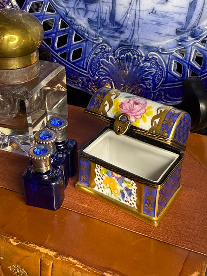 Vintage Limoges France Hand-Painted Porcelain Perfume Chest with 3 Cobalt Glass Bottles