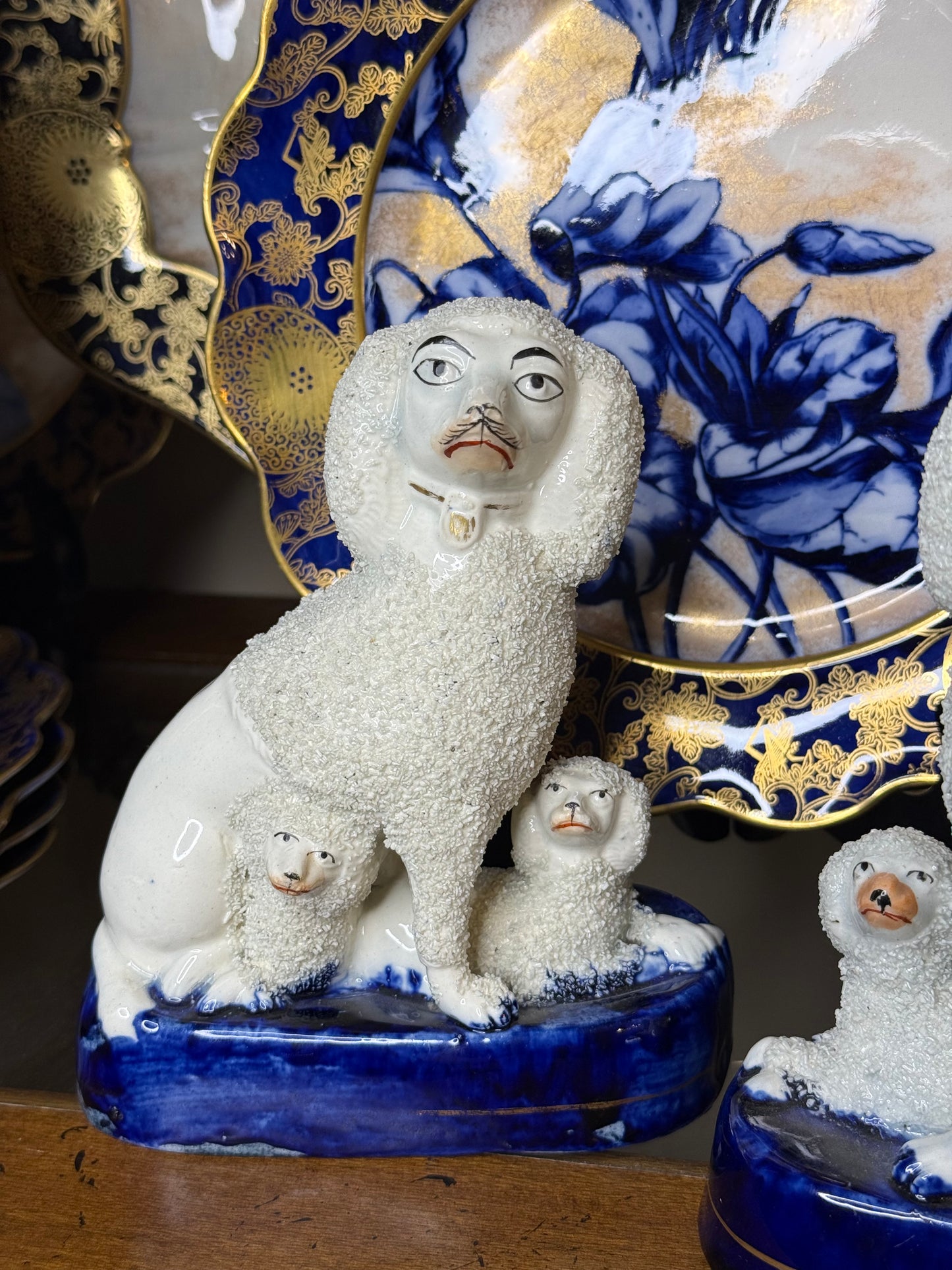 Antique Pair, 7” Tall Staffordshire Confetti Poodle & Puppy Figures | Pair | Style DA4348