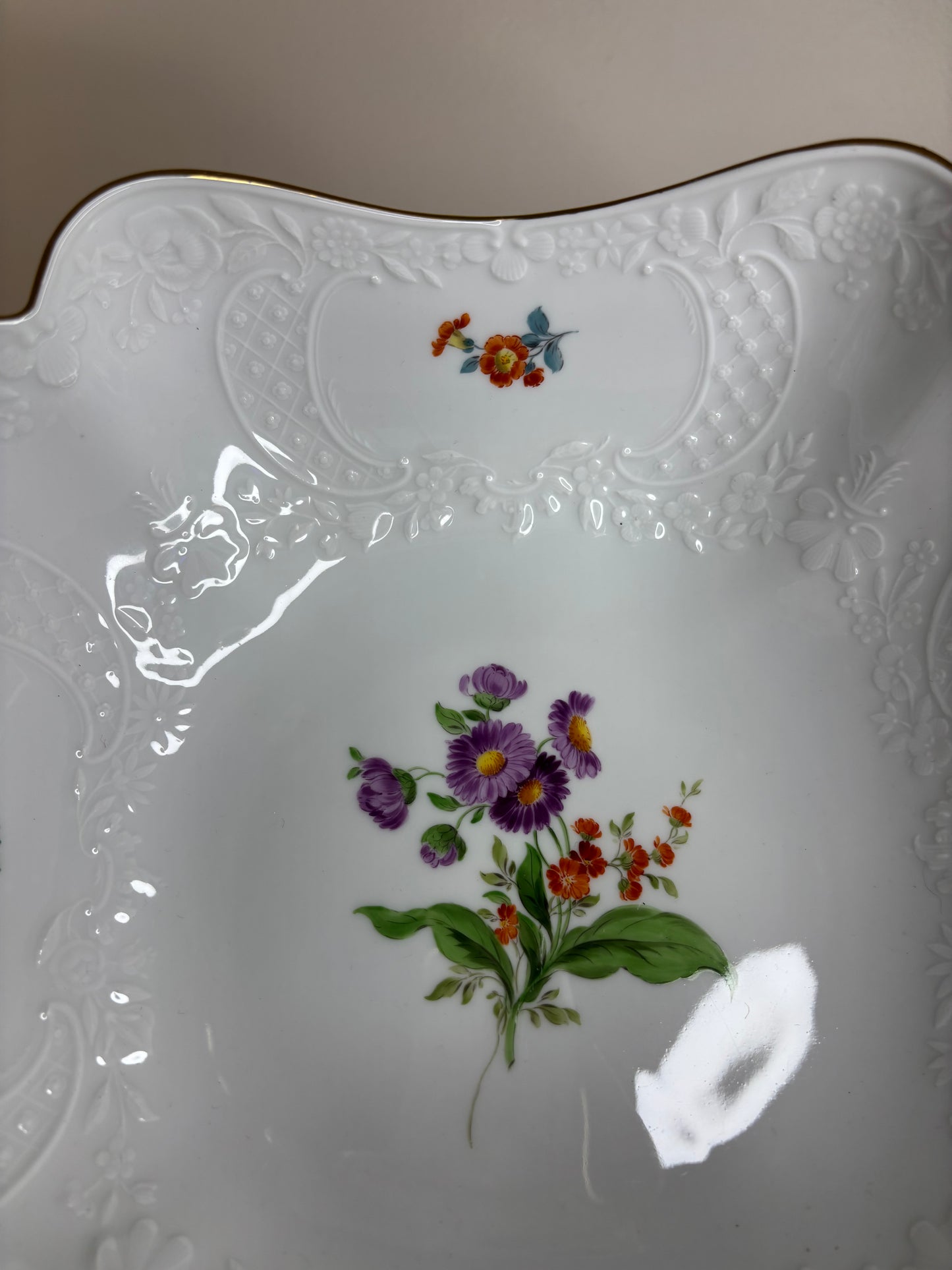 Lovely Meissen floral bowl with gold rim and embossed designs!