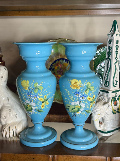 Antique Victorian Bristol Blue Opaline Glass Vases with Hand-Painted Florals & Butterflies | Pair | 10”