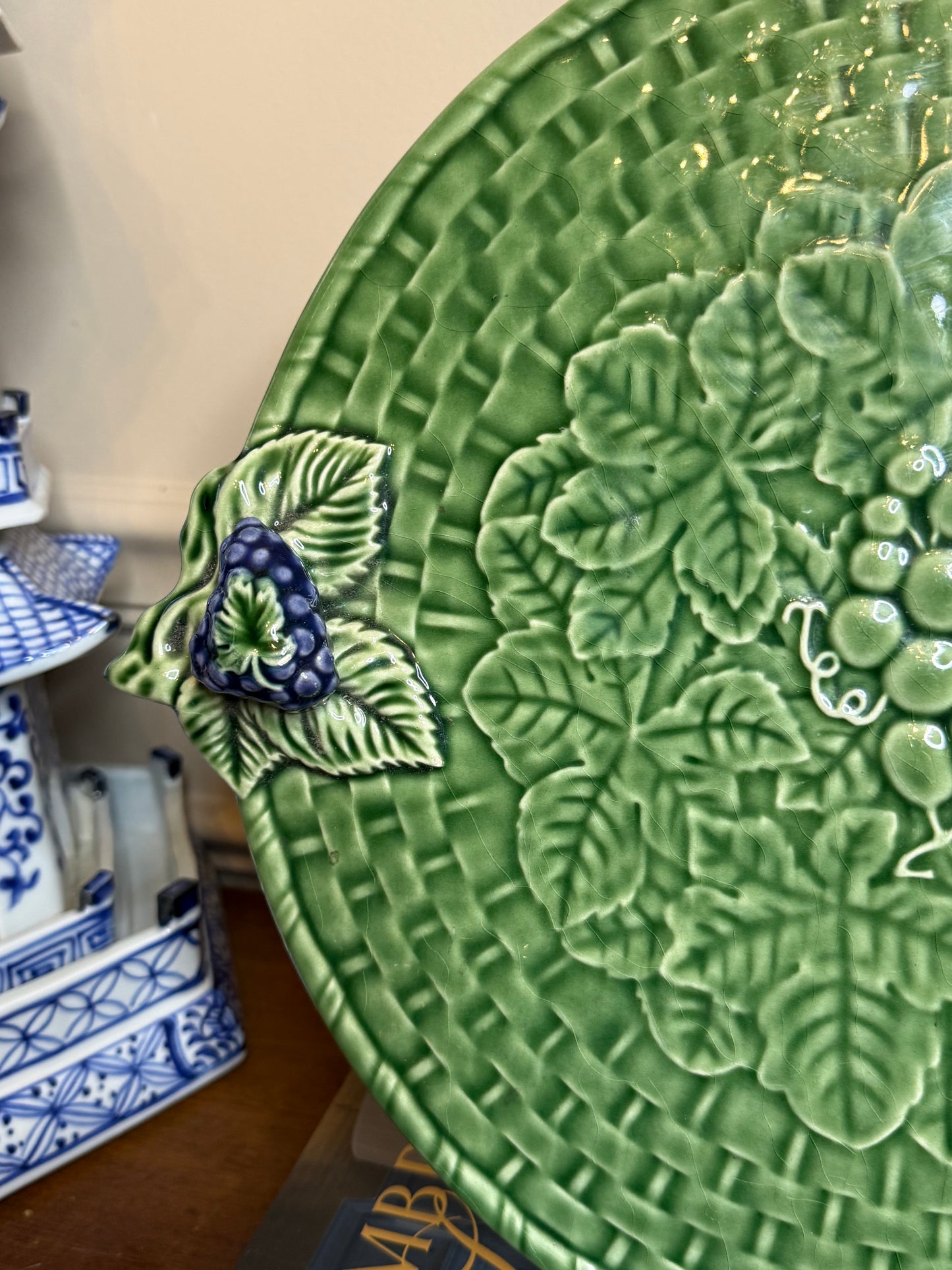 Vintage Bordallo Pinheiro Green Grape Cheese Board / Serving Platter | 15” Handle-to-Handle | Portugal
