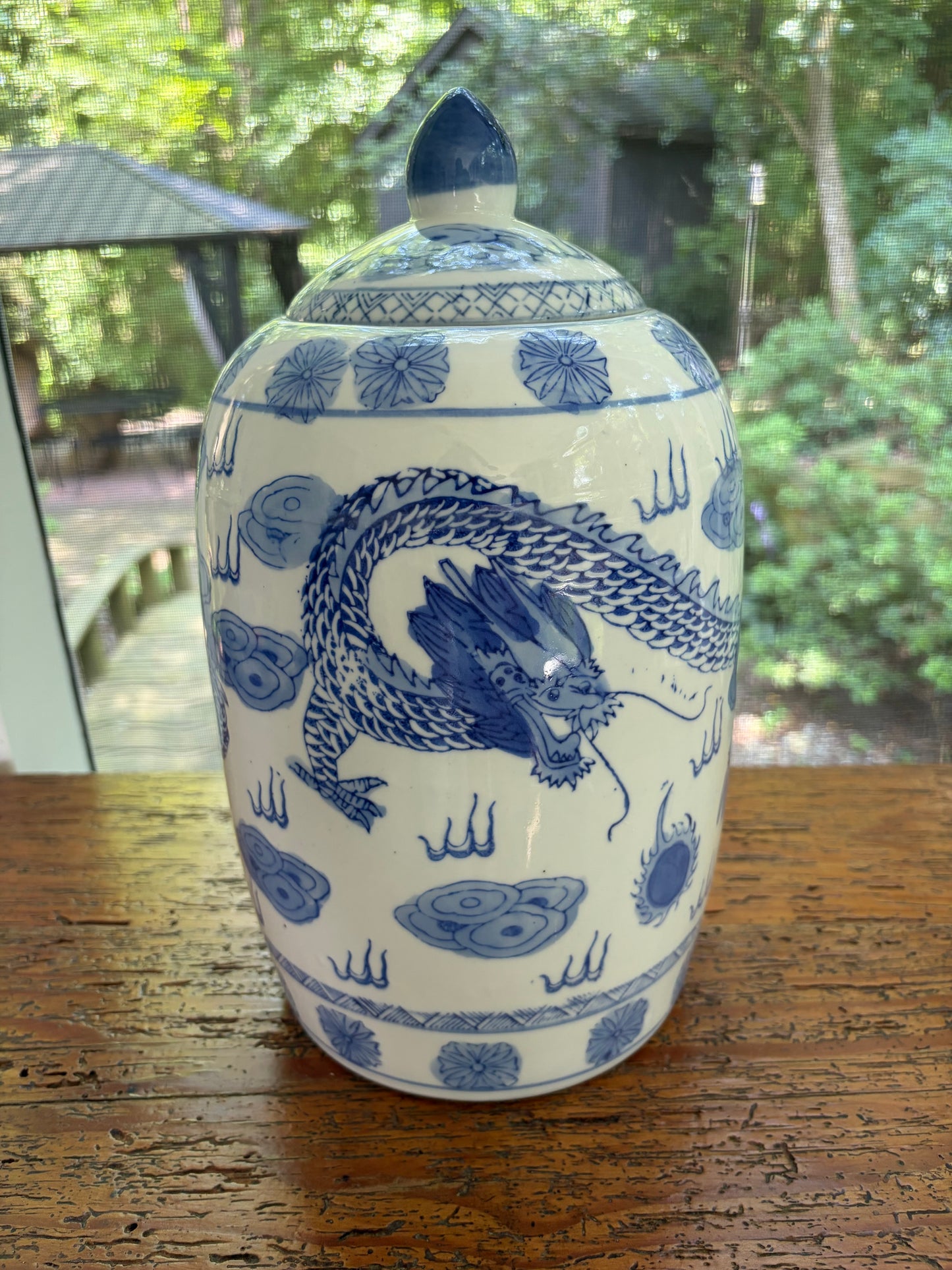 Chinoiserie blue and white lidded jar with dragons!