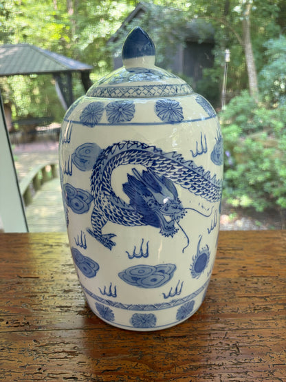 Chinoiserie blue and white lidded jar with dragons!