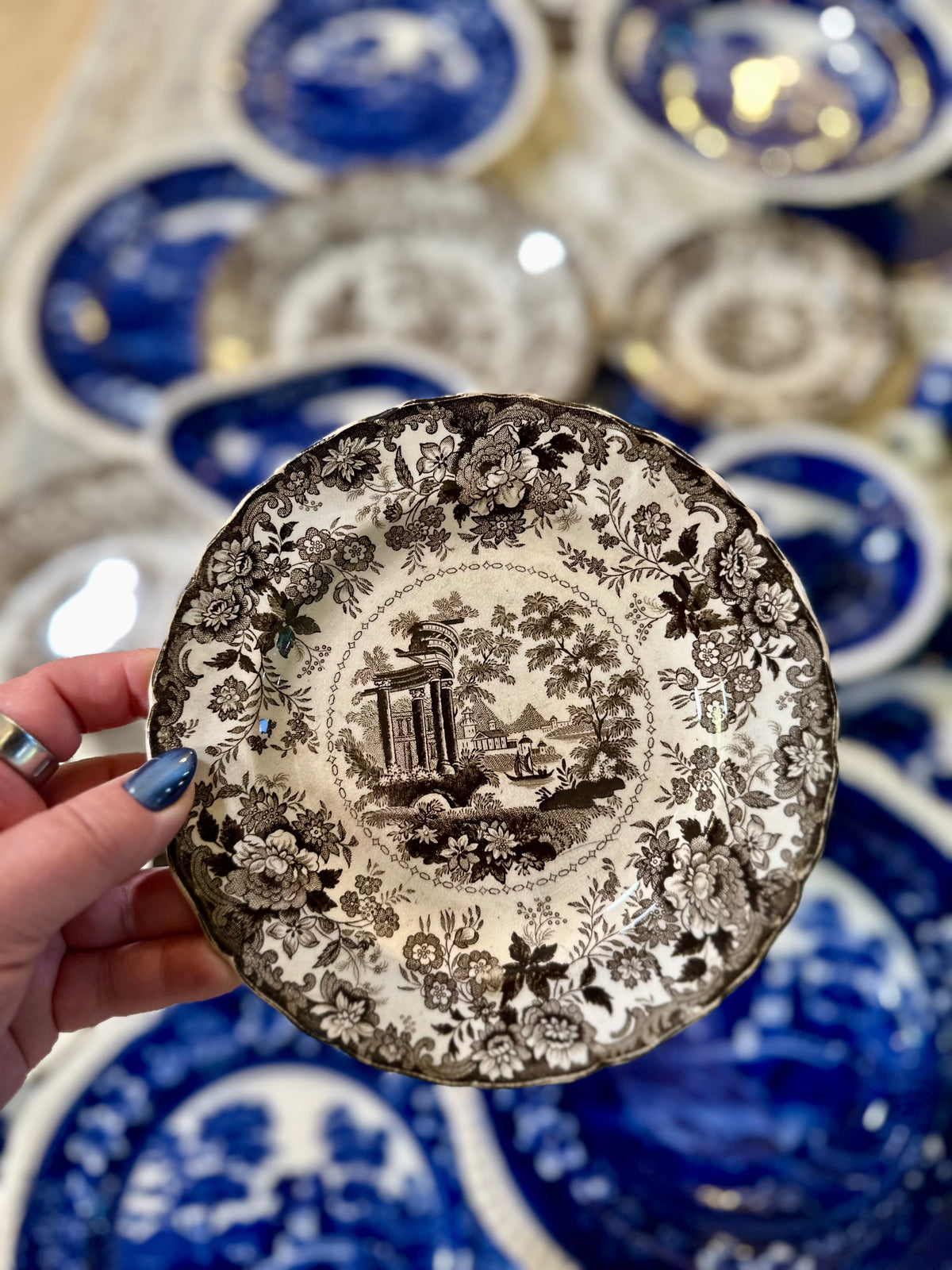 Pair Antique English Corinthian Brown Transferware Pearlware Plates, c. 1830s–1840s