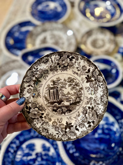 Pair Antique English Corinthian Brown Transferware Pearlware Plates, c. 1830s–1840s