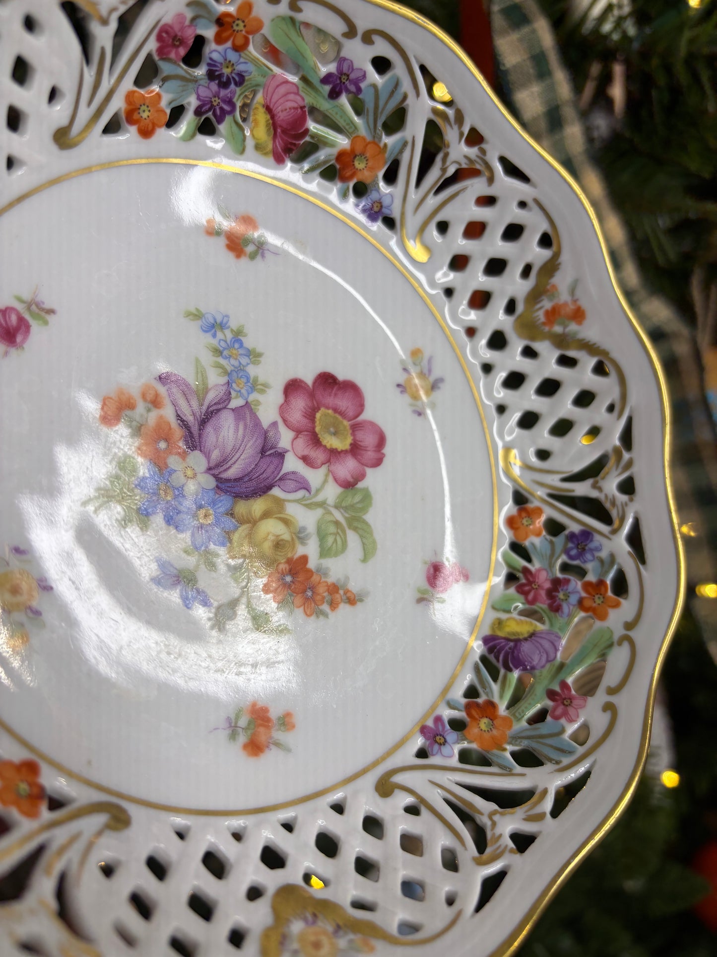 Beautiful Bavaria pierced scalloped bowl with florals and    gold!