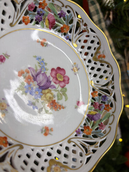 Beautiful Bavaria pierced scalloped bowl with florals and    gold!