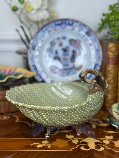 Danny’s Fine Porcelain Limited Edition Bronze Shell Footed Bowl | Olive Green Polka Dot Porcelain Centerpiece | 9”
