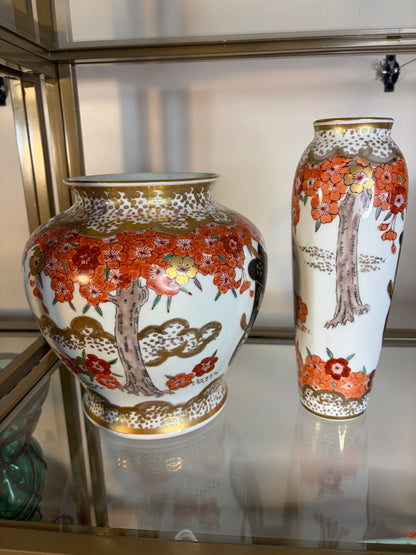 Gorgeous Japanese Kutani Ware handpainted vases with blossoms and gold!
