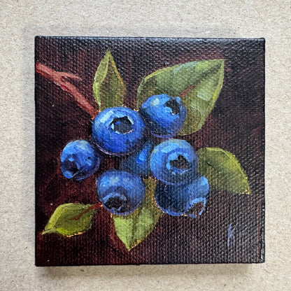 Mini art blueberries #2 original oil paintings on stretched canvas 3x3”