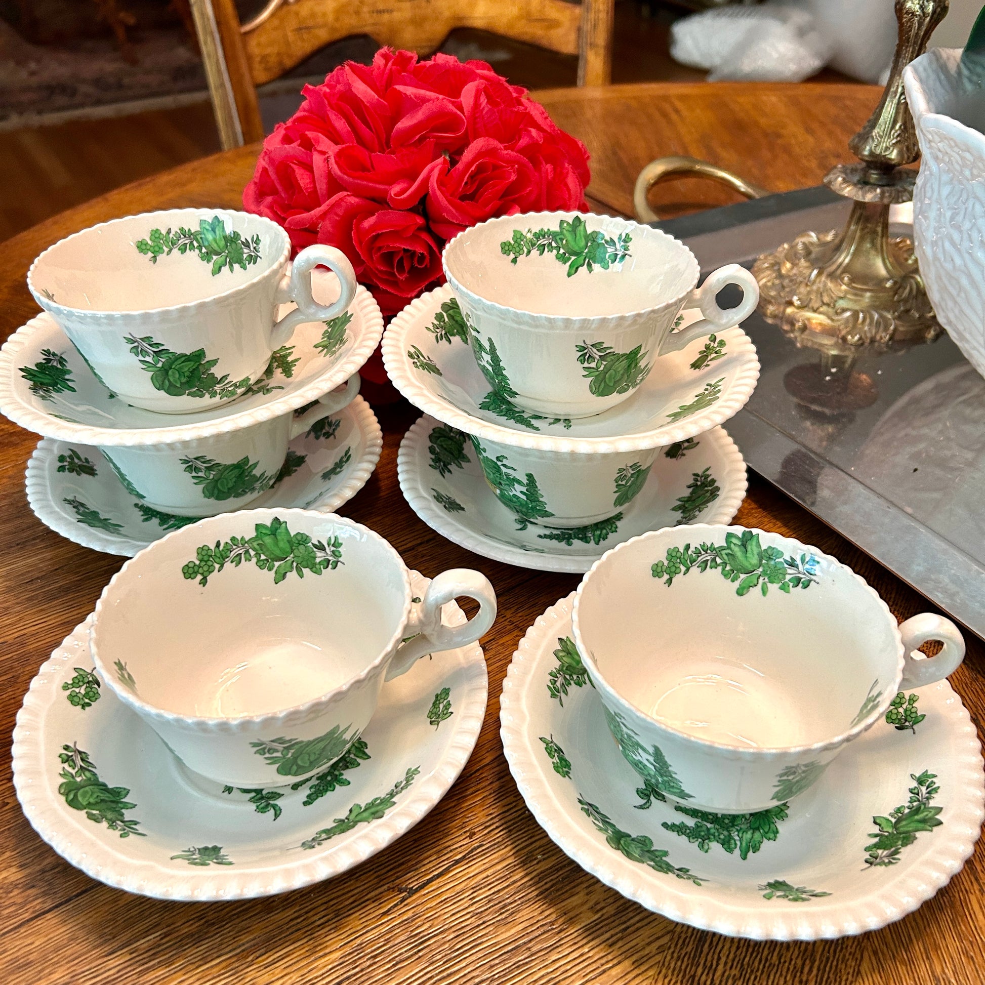 Set of Rare Antique Copeland Spode Of England Green Bouquet tea