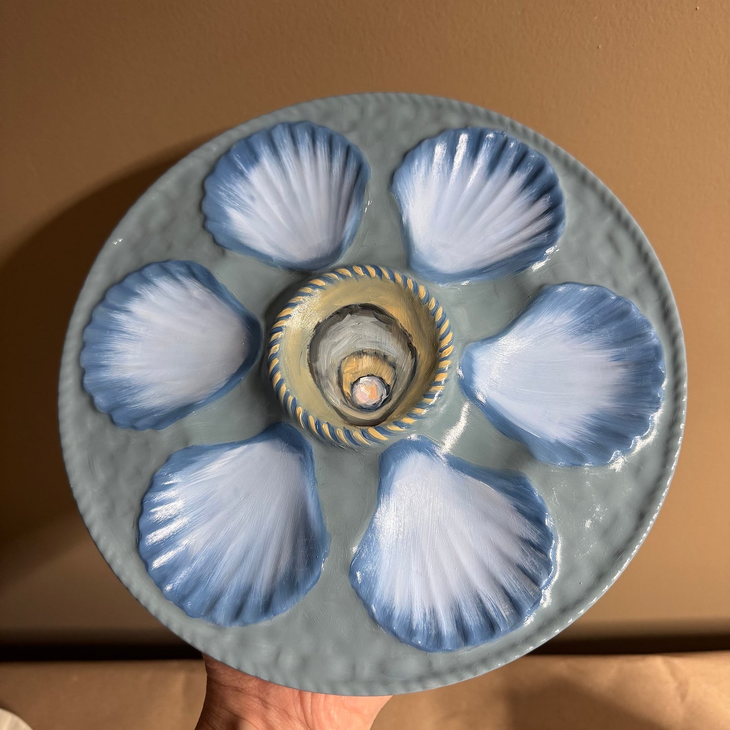 Hand painted blue tones oyster plate 9”