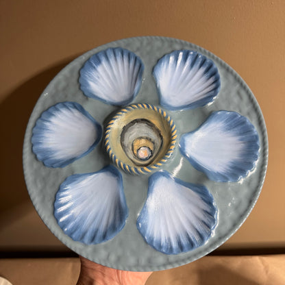 Hand painted blue tones oyster plate 9”