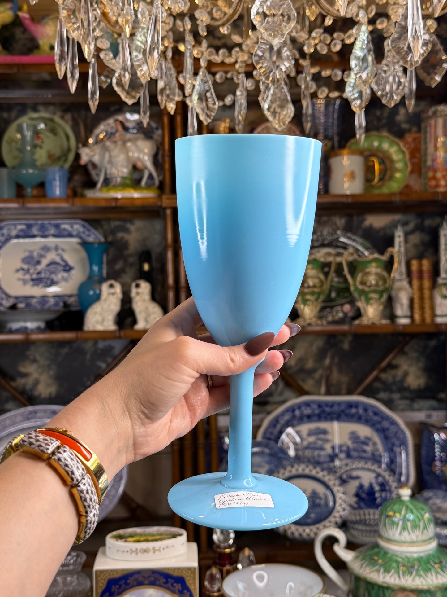 Very Large Pair French Blue Opaline Glass Presentation Goblets / Chalices | 9.75”Tall, 4”D base
