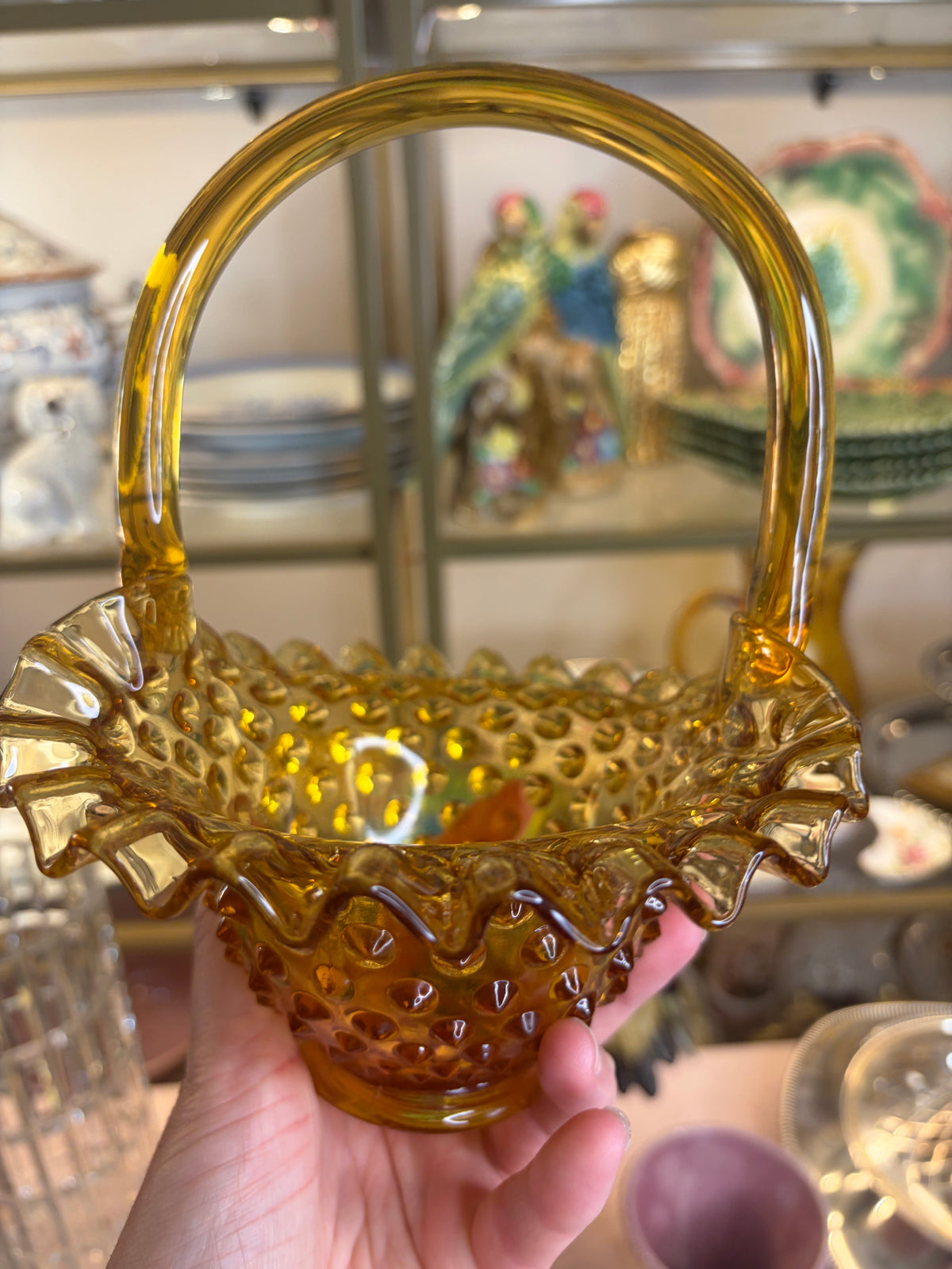 Amber basket with hobnail and ruffled edges!