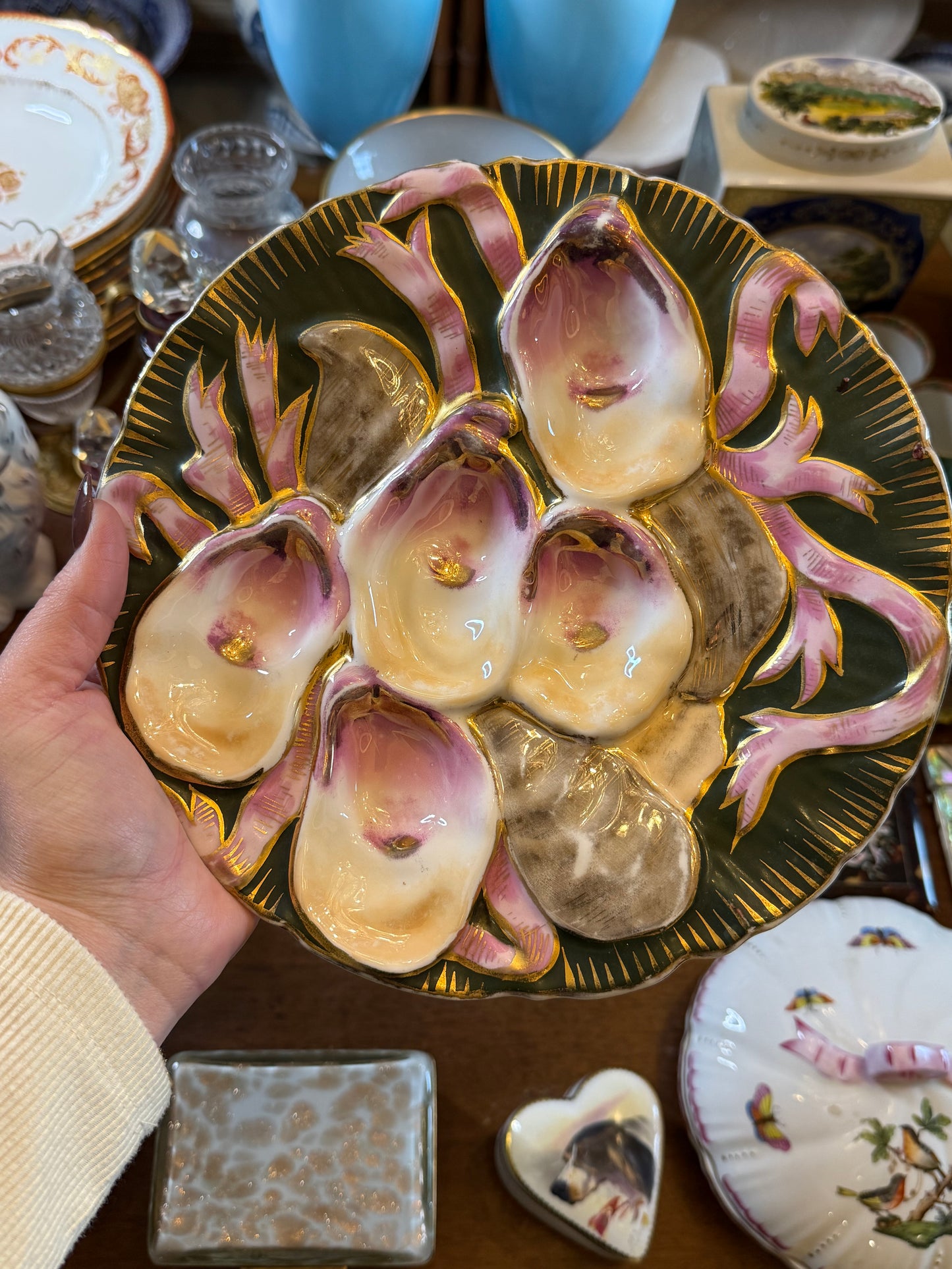 Antique Carl Tielsch Porcelain Oyster Plate | Pink, Green & Gilt – 9”
