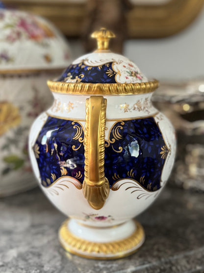 Live 08/04 Antique Coalport “Sevres Group” Lidded Pot| Cobalt Blue, Hand-Painted Florals & Gilt | c. Late 1891 -1920 Green Backstamp