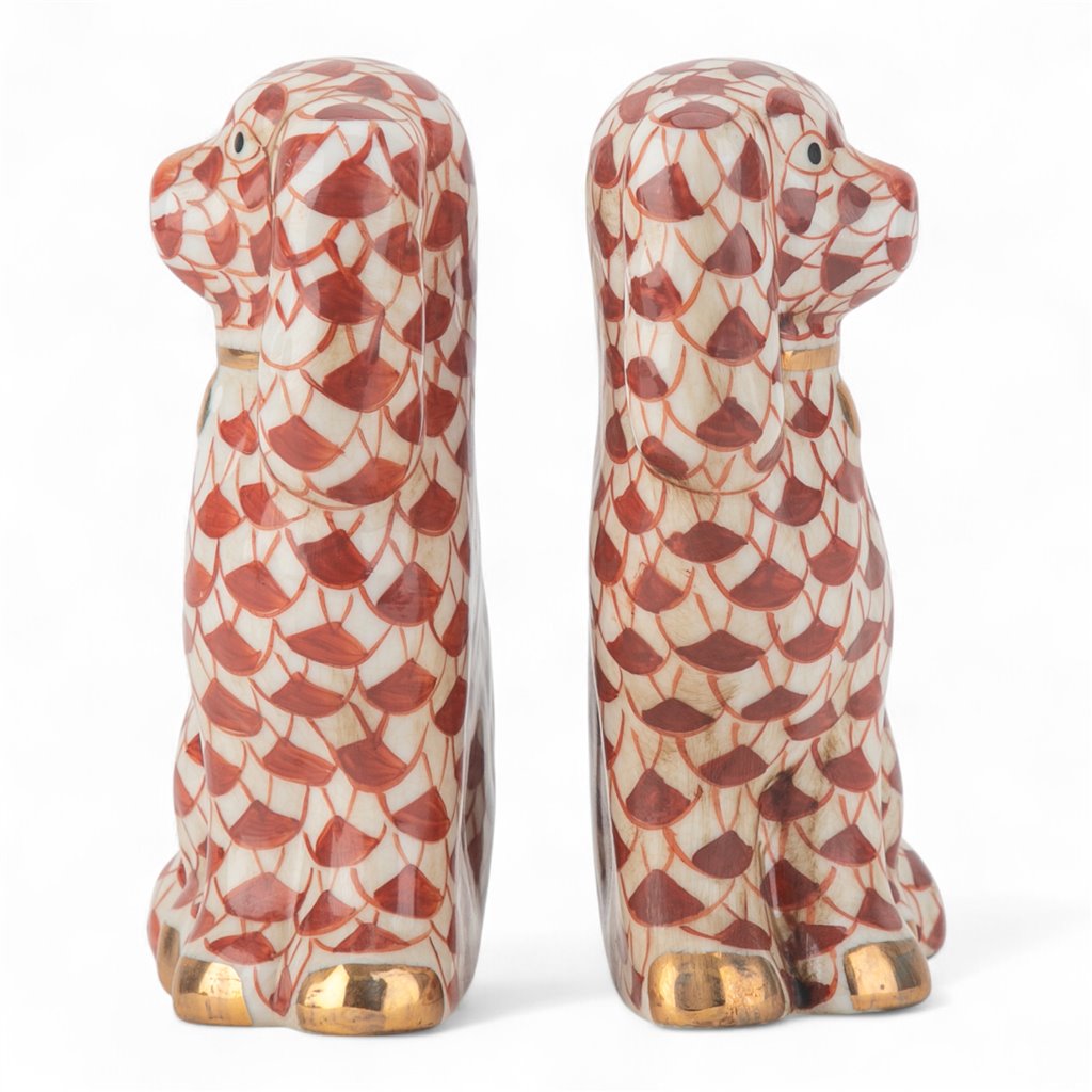 Danny’s Fine Porcelain Rust & White Spaniel Dog Figure Pair W/ Gold Accent (2 sizes to choose).
