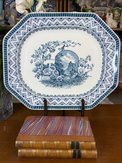 Antique Wedgwood Blue & White Transferware Platter | Scenic Floral Octagonal Serving Platter | c.1860–1880 | 16”