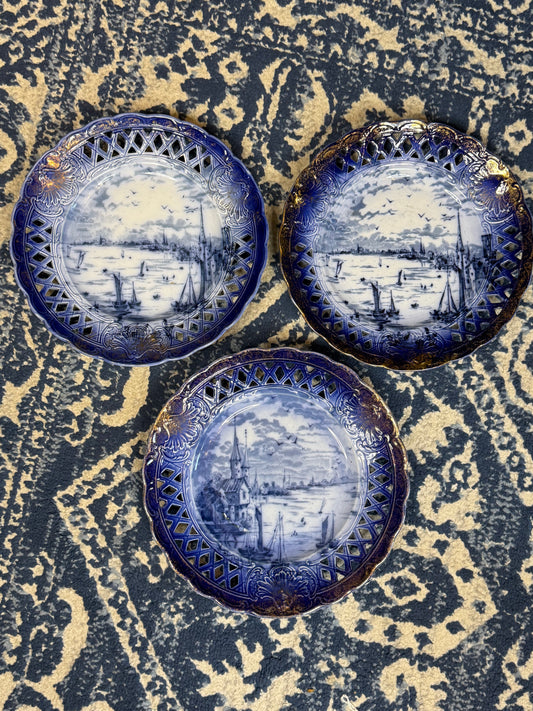 Antique Set of 3 Empire Porcelain Co. Pierced Blue & White City View Plates | Circa 1896–1912 | 9" Diameter #DA4516