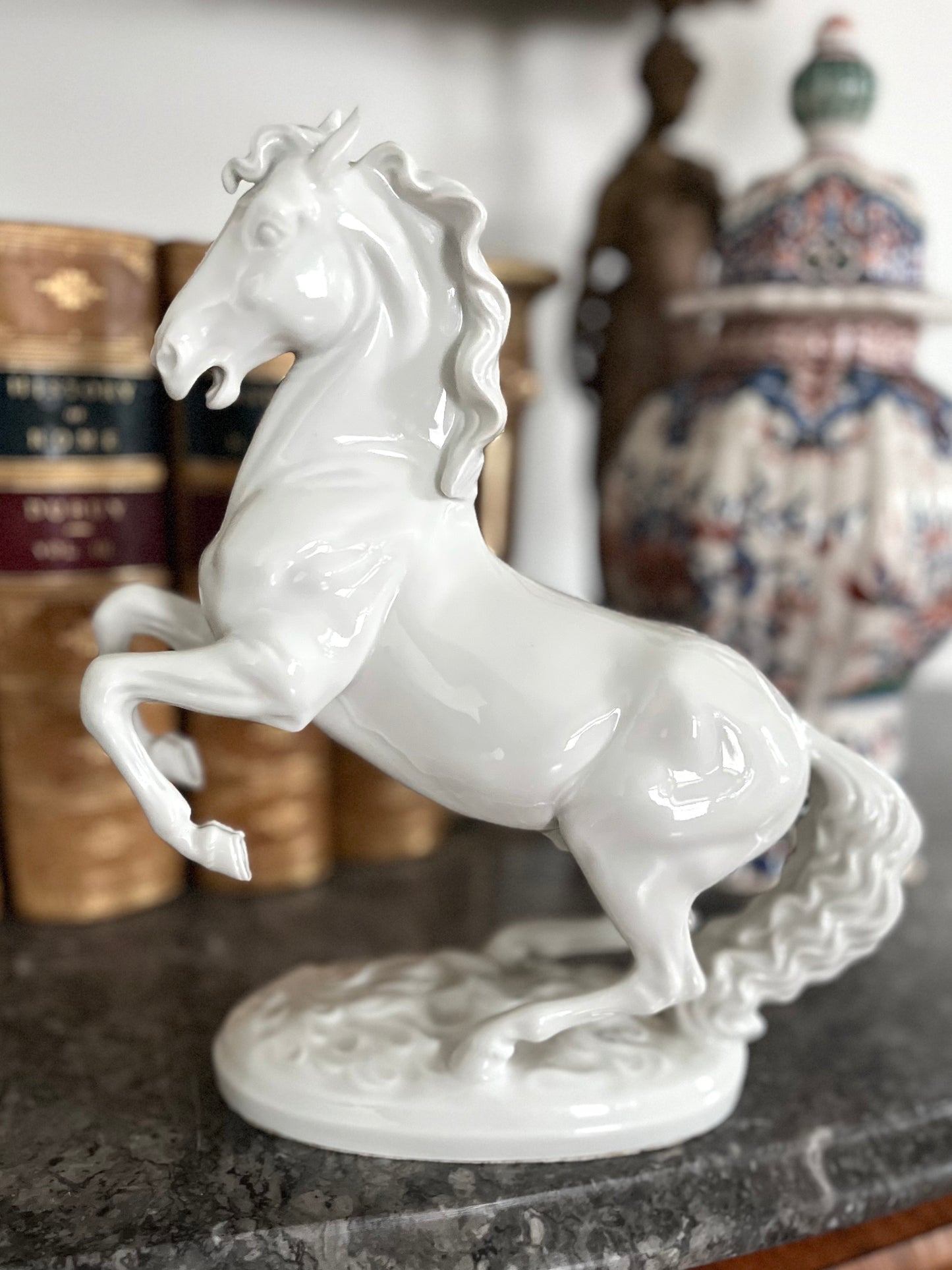 Majestic Blanc de Chine Wier Rearing Stallion Statue - Marked