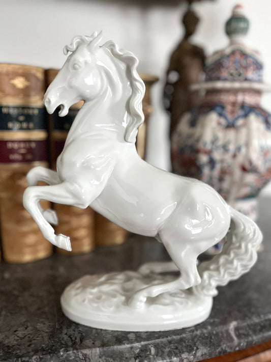 Majestic Blanc de Chine Wier Rearing Stallion Statue - Marked