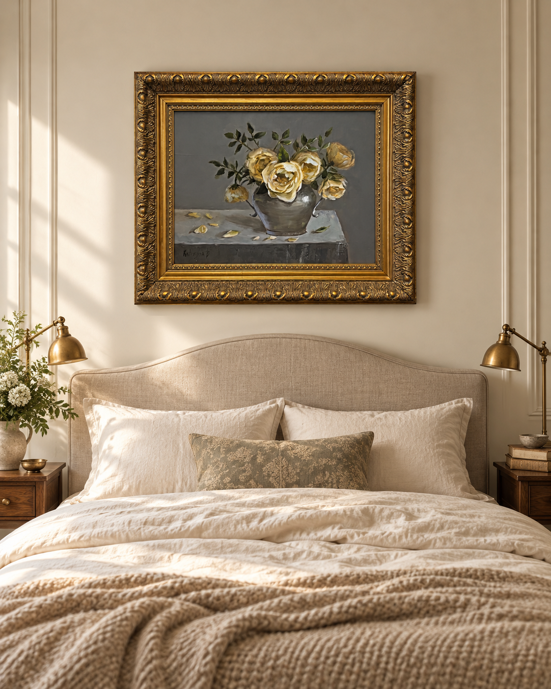 Yellow Roses in a Silver Vase Original Oil Painting with Ornate Gold Frame