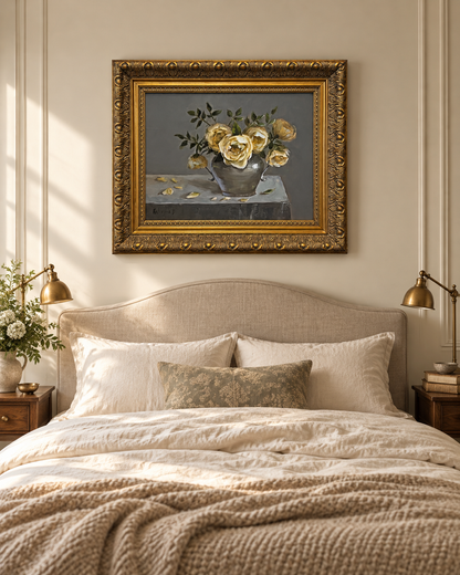 Yellow Roses in a Silver Vase Original Oil Painting with Ornate Gold Frame