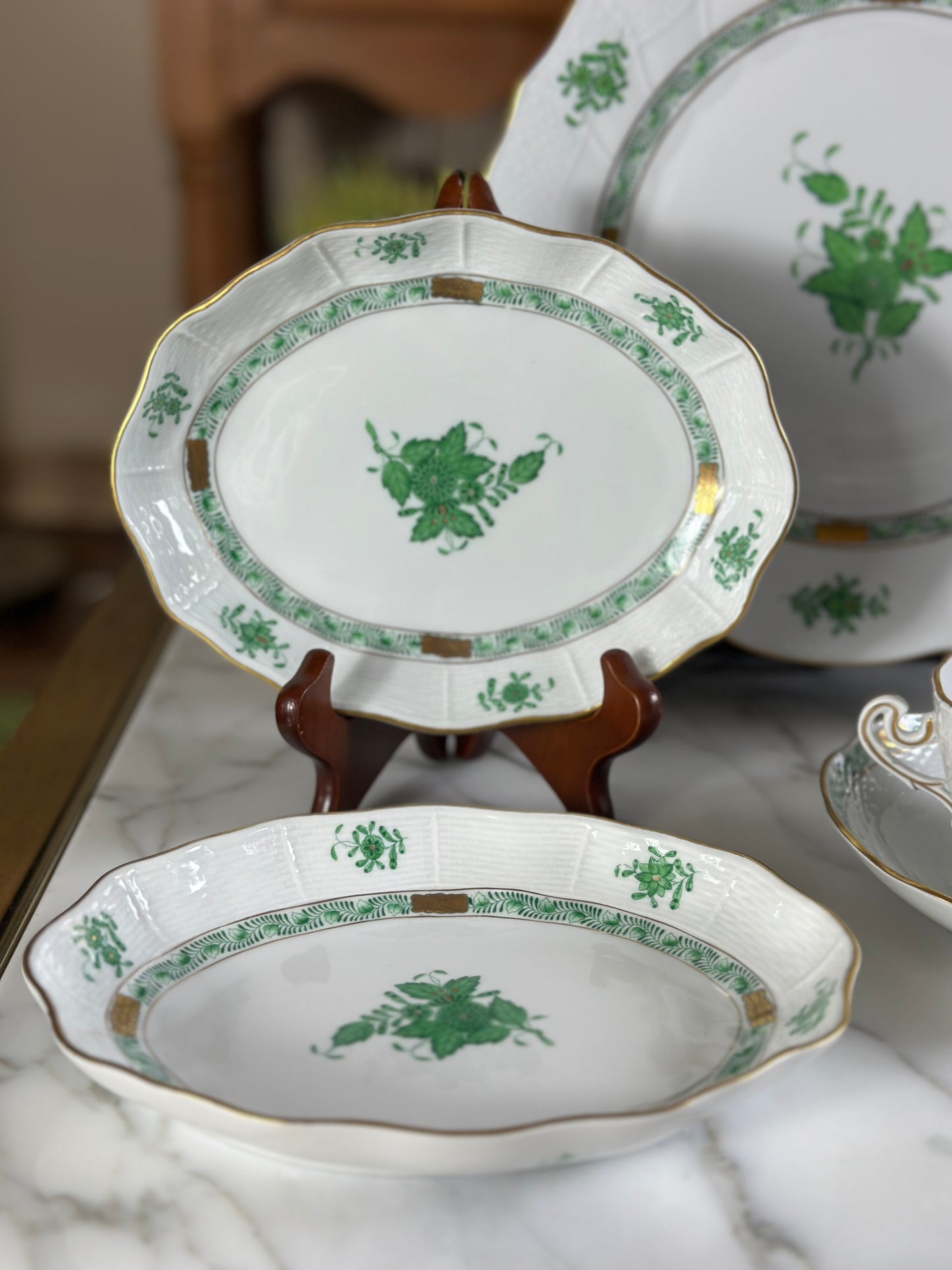 Herend Chinese Bouquet Green Oval Relish Dich - 7 3/4x6" - Pristine!