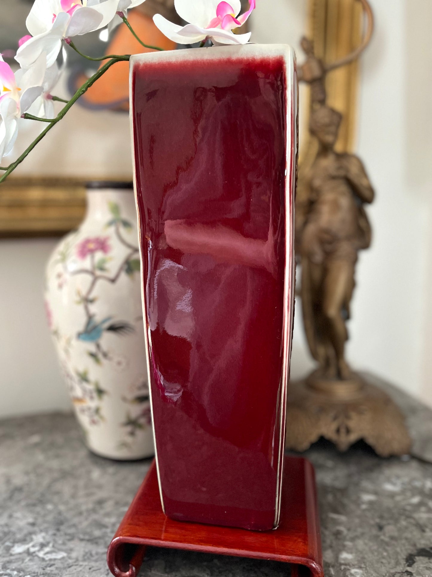 Live 07/21 Monumental Vintage Chinese Oxblood (Sang de Boeuf) Glazed Porcelain Vase on Hardwood Stand, 16”