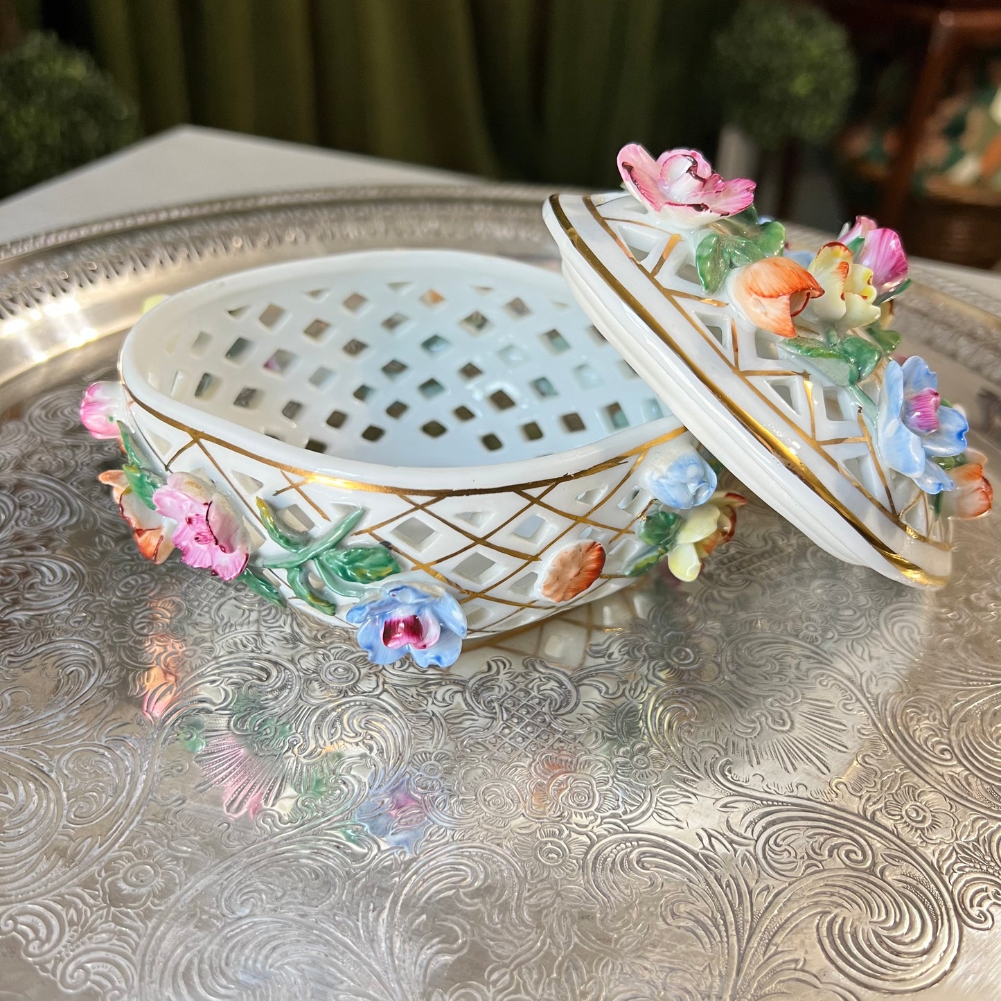 Diamond Lace Pierced Multicolor Flower Porcelain Trinket Box