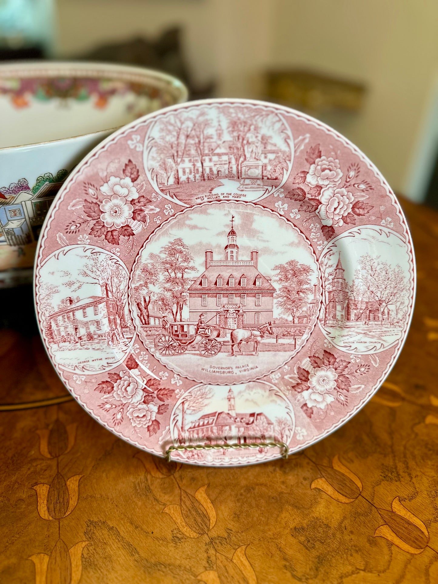 Vintage Old English Staffordshire Ware Red Transferware Historic Plates, Virginia Landmarks