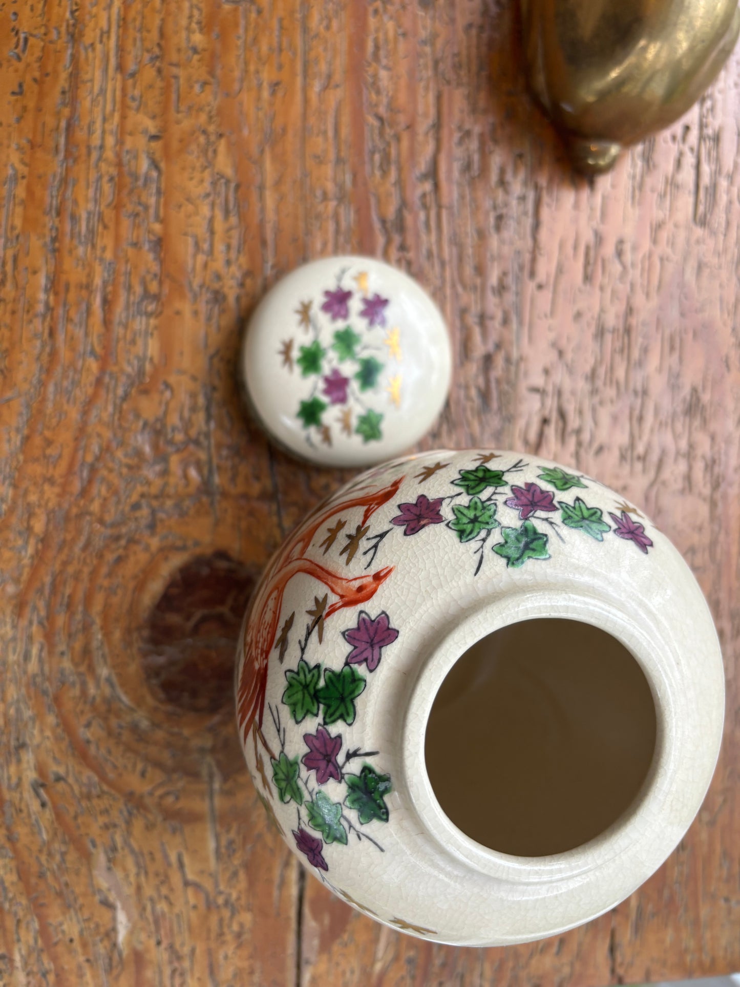 Lovely lidded ginger jar! Features birds, oriental scene, ship, and vibrant colors!