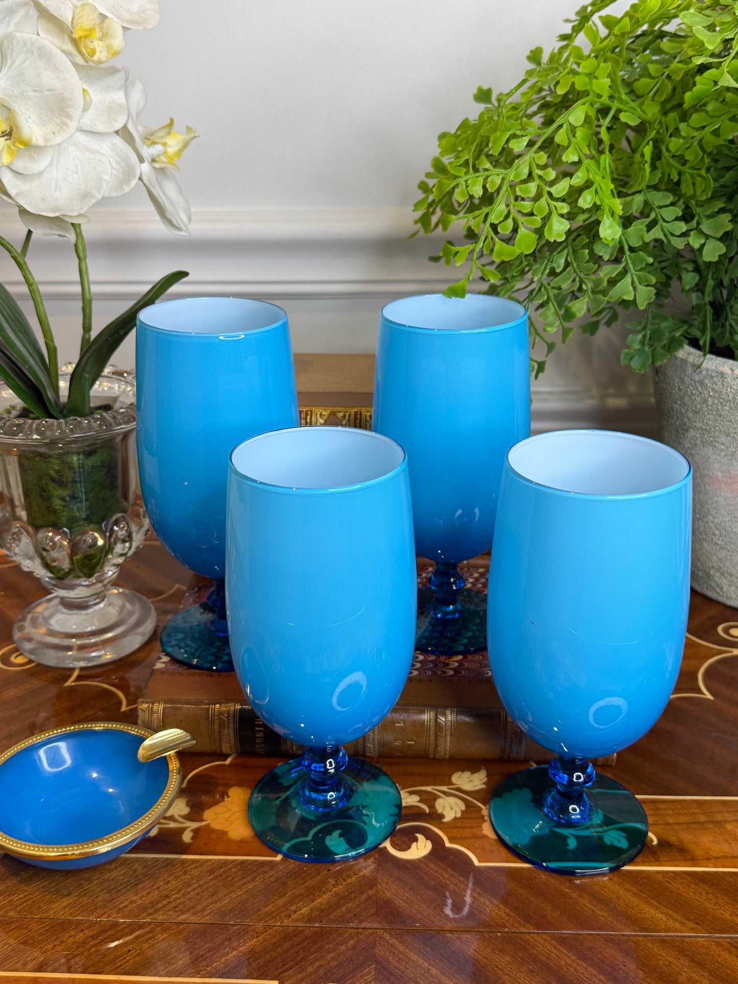 Set of (4) Carlo Moretti Blue Art Glass Water Goblets | Murano, Italy | 6.75”
