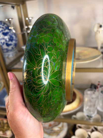 Gorgeous cloisonné green bowl featuring a bouquet and brass rim!